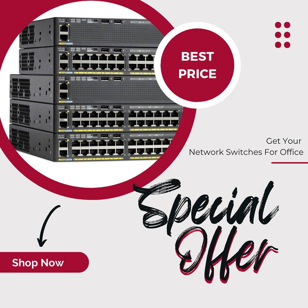 Cisco network switch in a data center, powering high-speed connectivity and data transfer between devices.