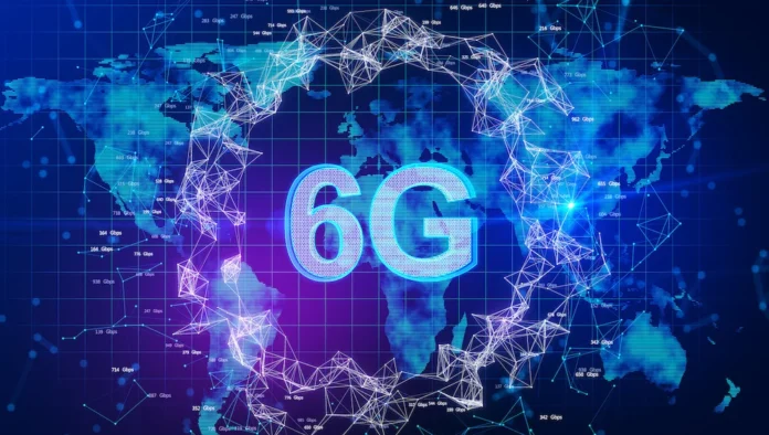 A futuristic representation of 6G technology with interconnected devices, AI integration, and global connectivity.