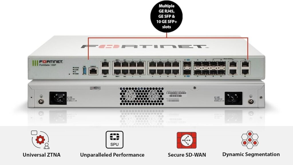 FortiGate-100F Firewall Appliance with 22 Gigabit Ethernet Ports, 4 SFP, and 2 10G SFP+ Ports, featuring dual power supplies for enhanced reliability