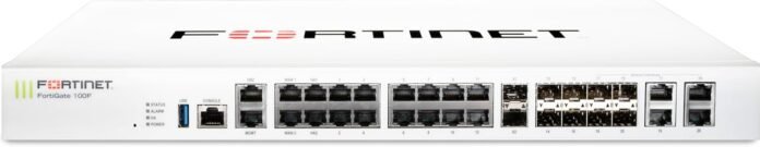 FortiGate-100F Firewall Appliance with 22 Gigabit Ethernet Ports, 4 SFP, and 2 10G SFP+ Ports, featuring dual power supplies for enhanced reliability.