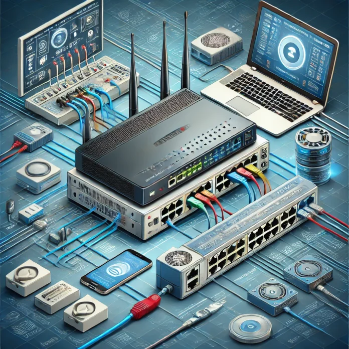 A modern network setup showing a central router with indicator lights, multiple switches connected by Ethernet cables to devices like computers, smartphones, and servers. The scene includes tools like a cable tester and a laptop running diagnostic software, set in a clean, professional workspace.