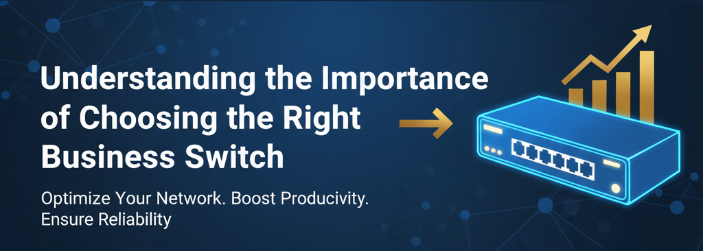 A professional banner featuring a stylized network switch icon or a series of interconnected ports, set against a background of deep blue and light gold, with the title "Understanding the Importance of Choosing the Right Business Switch."