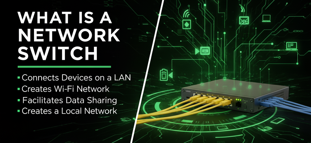 A dark grey network switch with multiple Ethernet ports, featuring yellow and blue cables plugged into it, on a black background with a red circuit board pattern. Various red glowing network-related icons (like a server rack, computer, and files) are dispersed in the background. Large white text on the left asks "WHAT IS A NETWORK SWITCH?" with bullet points detailing its functions: "Connects Devices on a LAN," "Facilitates Data Sharing," and "Creates a Local Network." The Jazz Cyber Shield logo is in the bottom right corner.