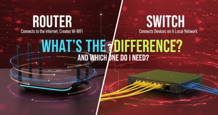 A split image showing a black wireless router on a dark background with blue glowing accents on the left, and a black network switch with multiple yellow and blue ethernet cables plugged in on a red background on the right. Text in the center asks 