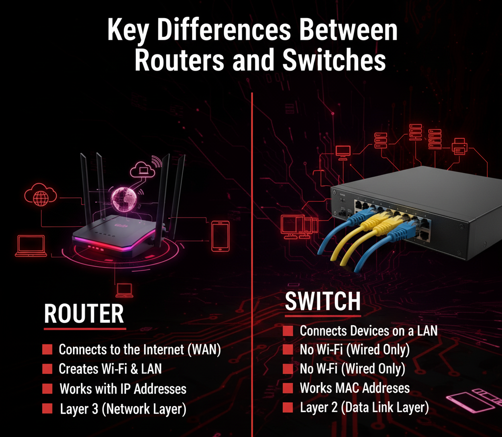 A split image contrasting a black wireless router on the left and a black network switch with yellow and blue cables on the right. Both are set against a dark background with a red circuit board pattern. The top text reads "Key Differences Between Routers and Switches." Under "ROUTER" on the left, bullet points highlight: "Connects to the Internet (WAN)," "Creates Wi-Fi & LAN," "Works with IP Addresses," and "Layer 3 (Network Layer)." Under "SWITCH" on the right, bullet points state: "Connects Devices on a LAN," "No Wi-Fi (Wired Only)," "Works MAC Addresses," and "Layer 2 (Data Link Layer)." The Jazz Cyber Shield logo is in the bottom right corner.