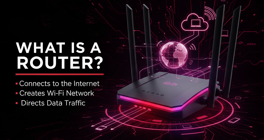 A sleek black wireless router with four antennas and a glowing red base, placed on a dark, intricate circuit board pattern with red lines. Above the router, a stylized glowing globe and a cloud icon with Wi-Fi signal waves represent internet and wireless connectivity. Large white text on the left asks "WHAT IS A ROUTER?" with bullet points detailing its functions: "Connects to the Internet," "Creates Wi-Fi Network," and "Directs Data Traffic." The Jazz Cyber Shield logo is in the bottom right corner.
