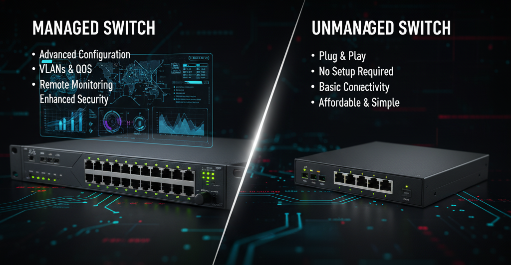 A split image comparing a managed switch on the left and an unmanaged switch on the right, both dark grey. The managed switch side features complex holographic interface elements showing network graphs and configurations against a blue-green circuit board background, with bullet points for "Advanced Configuration," "VLANs & QOS," "Remote Monitoring," and "Enhanced Security." The unmanaged switch side has a simpler appearance against a grey-red circuit background, with bullet points for "Plug & Play," "No Setup Required," "Basic Connectivity," and "Affordable & Simple." The Jazz Cyber Shield logo is in the bottom right corner.