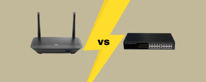 A router and switch setup in a small business office, showing connected devices like computers and printers