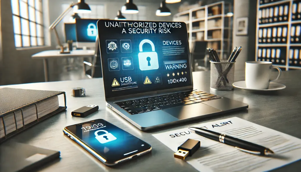 An illustration of a network security dashboard showing connected devices, with a warning icon highlighting an unauthorized device.