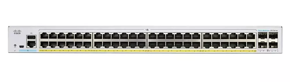 Front view of Cisco CBS350-48FP-4X switch with ports and uplink ports