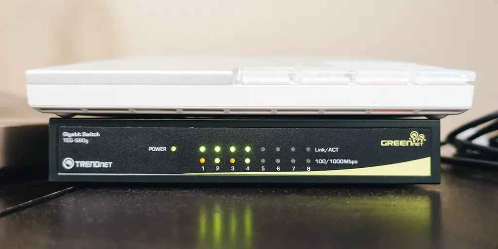 A high-tech network switch with advanced port configurations.