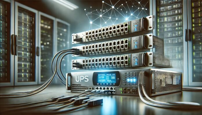 A professional network setup with multiple switches connected to a UPS in a well-lit server room.