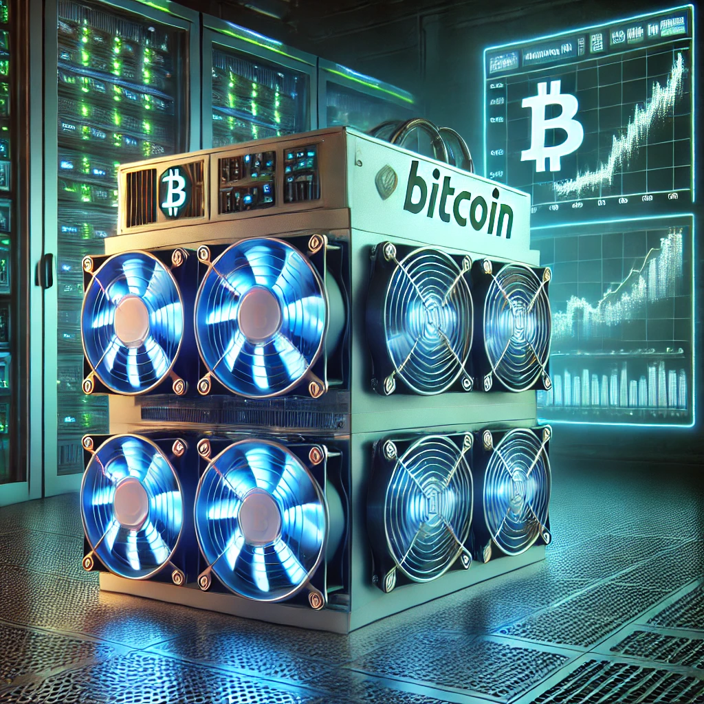 High-tech Bitcoin mining machine with cooling fans and glowing LED lights, placed in a futuristic data center.