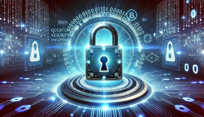 A high-tech digital security concept showing a glowing quantum computer with a secure lock symbol, representing quantum-resistant encryption.