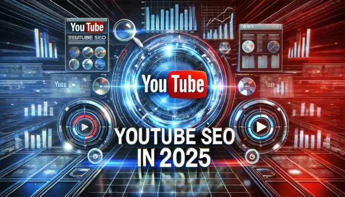 A futuristic YouTube SEO banner for 2025 featuring a YouTube logo, search bar, ranking indicators, video thumbnails, and analytics graphs with a sleek, tech-inspired background in blue and red neon lighting.