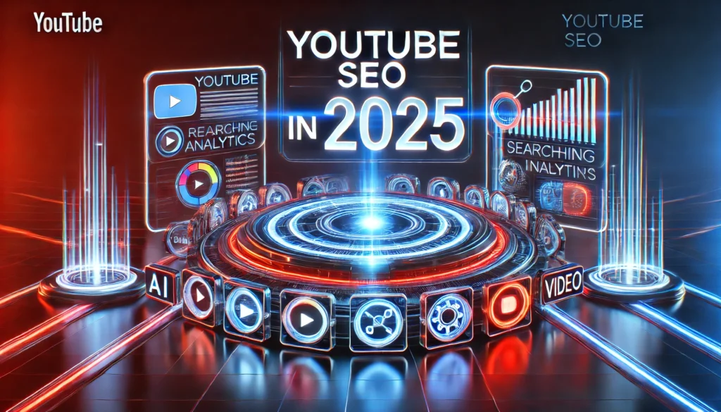 A visually striking banner representing YouTube SEO in 2025. It showcases digital elements such as ranking indicators, analytics graphs, and video thumbnails, all set against a high-tech neon-lit background.