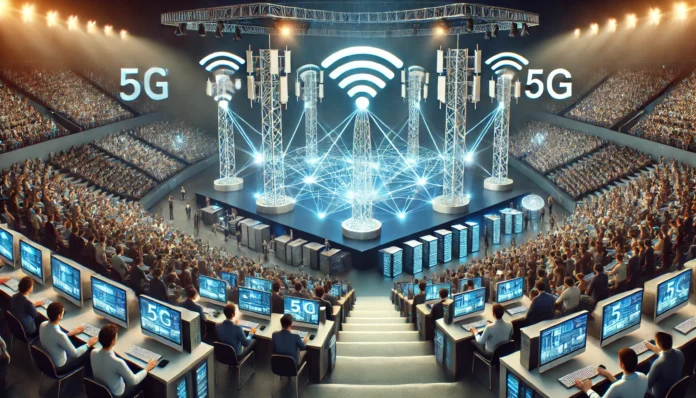 High-tech network infrastructure setup at a large-scale event with Wi-Fi access points, 5G towers, and a control center monitoring network traffic.