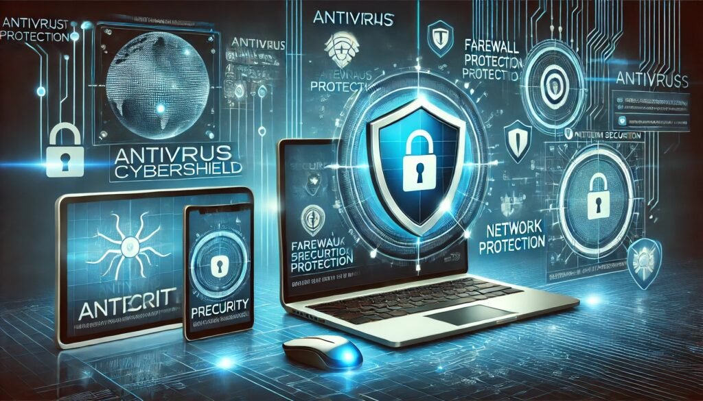 Cybersecurity-themed banner with antivirus protection for PCs, laptops, and networks