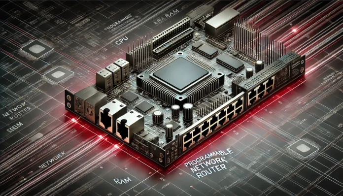 A high-tech digital banner displaying a detailed diagram of a programmable network router, with labeled components such as CPU, RAM, network interfaces, and programmable logic, set against a futuristic blue and green neon background.