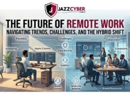 Modern remote work office setup with secure networking hardware and professional 4K projector display.