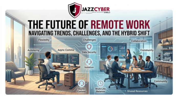 Modern remote work office setup with secure networking hardware and professional 4K projector display.