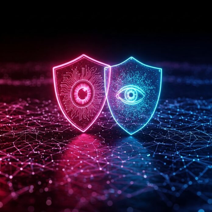 AI shield protecting network from cyberattacks.