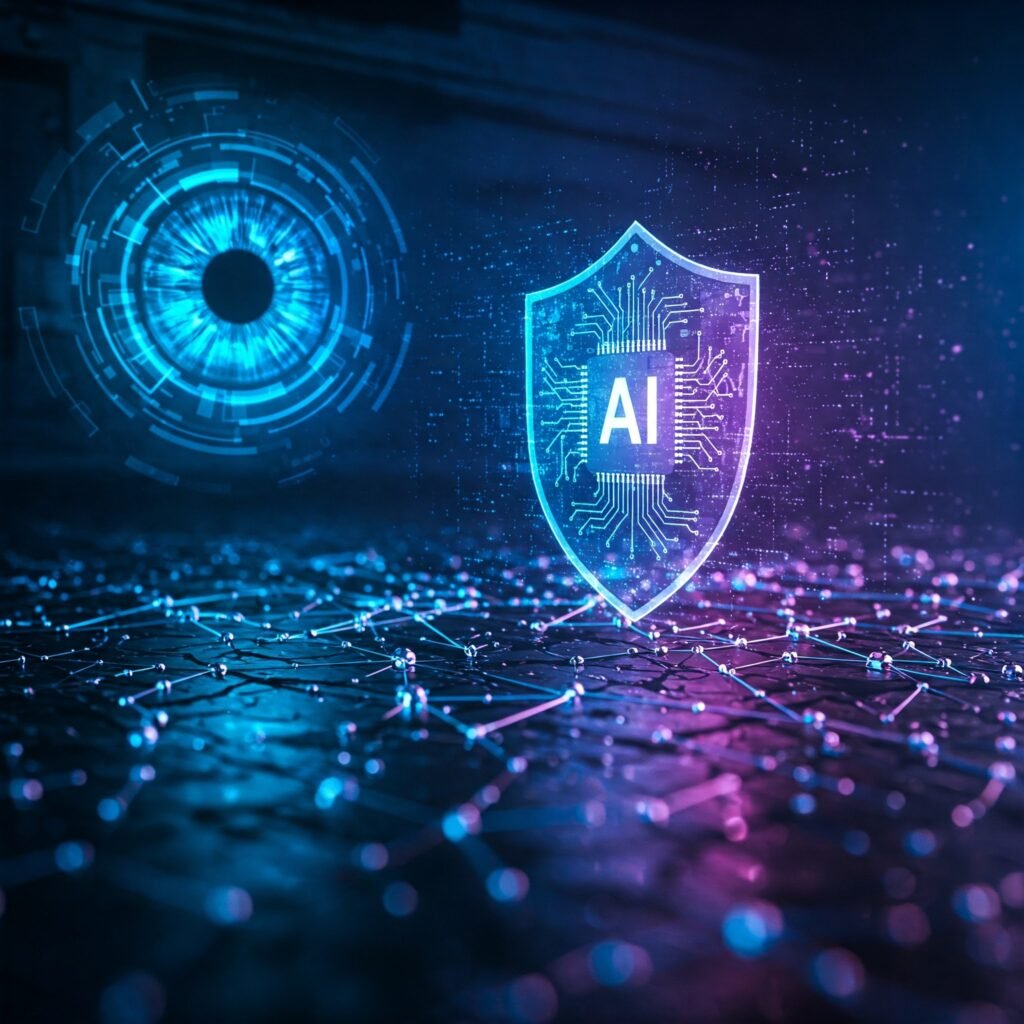 AI-powered shield protecting a futuristic network.