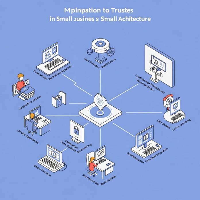 A network diagram with various devices and users connected through secure access points. The diagram highlights key elements of Zero Trust, such as continuous verification, least privilege access, micro-segmentation, and data encryption, within a simplified representation of a small business office environment.