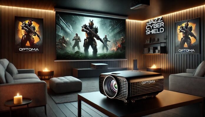 Optoma HD146X projector in a modern home theater setup with a bright screen displaying a gaming or movie scene.