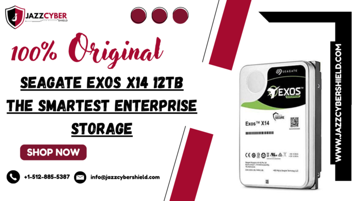 Seagate Exos X14 ST12000NM0008 12TB enterprise hard drive top view showing 3.5 inch helium filled enclosure SATA interface connector label and Seagate Exos branding against clean white studio background