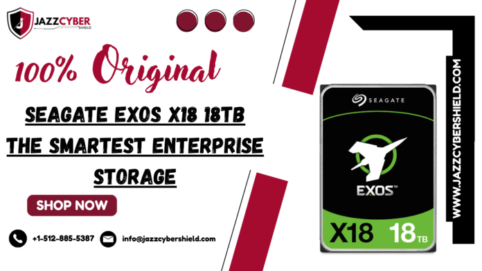 Seagate Exos X18 ST18000NM000J 18TB enterprise HDD top view showing 3.5 inch helium sealed enclosure SATA 6Gbps interface connector nine platter design and Seagate Exos X18 capacity label against clean studio background