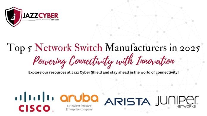 Top 5 network switch manufacturers in 2025 featuring Cisco, Aruba, Arista, and Juniper Networks with Jazz Cyber Shield branding.