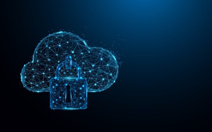 Illustration of cloud security concepts, including encryption, access control, and threat monitoring.