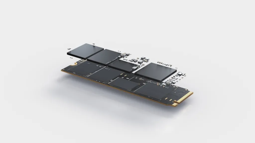 SSD speed comparison graph: SATA, M.2 SATA, NVMe read/write speeds.