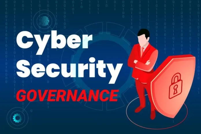 A professional business meeting discussing cyber security governance strategies with executives and board members.