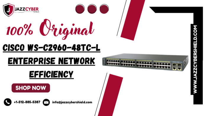 Cisco WS-C2960-48TC-L network efficiency switch front panel showing 48 Fast Ethernet ports two dual purpose gigabit uplink slots and Cisco Catalyst 2960 series branding in business access layer rack deployment