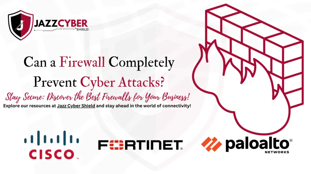 Jazz Cyber Shield cybersecurity banner with a firewall icon, flames, and logos of Cisco, Fortinet, and Palo Alto Networks.