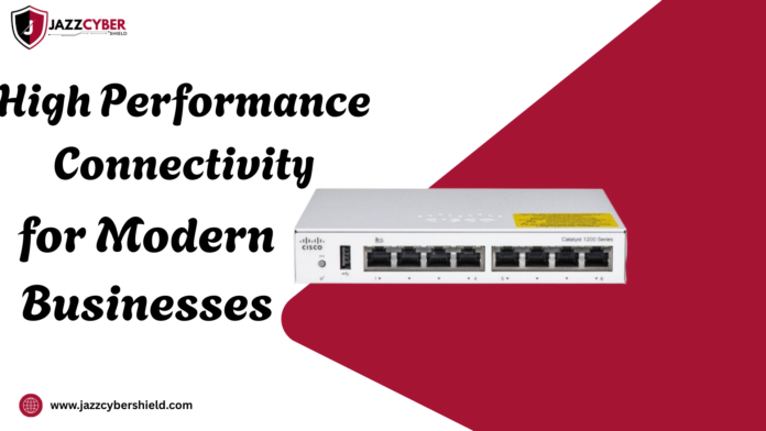 Cisco C1200-8T-D connectivity revolution switch front panel showing eight gigabit ethernet ports two SFP uplink slots fanless compact design and Cisco Catalyst branding in small business office environment