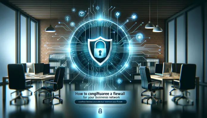 A high-tech cybersecurity banner displaying a digital firewall shield with glowing blue lines, a secure lock icon, and a corporate office background. The text "How to Configure a Firewall for Your Business Network" is prominently featured, along with the branding "Jazz Cyber Shield.