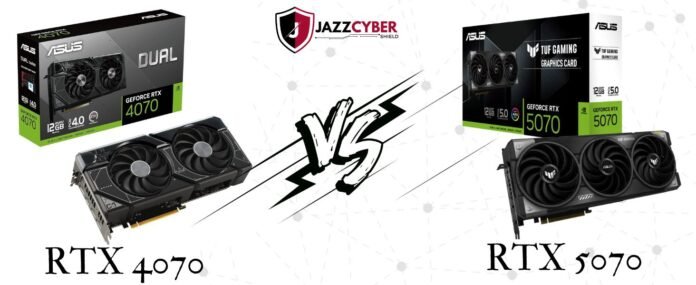 Comparison image of ASUS RTX 4070 vs. ASUS RTX 5070 graphics cards with Jazz Cyber Shield branding in the center.