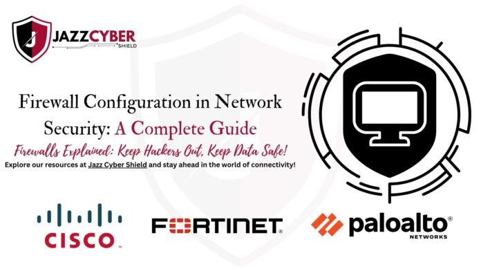 Jazz Cyber Shield banner on firewall configuration in network security, featuring a cybersecurity shield with a monitor icon and logos of Cisco, Fortinet, and Palo Alto Networks.