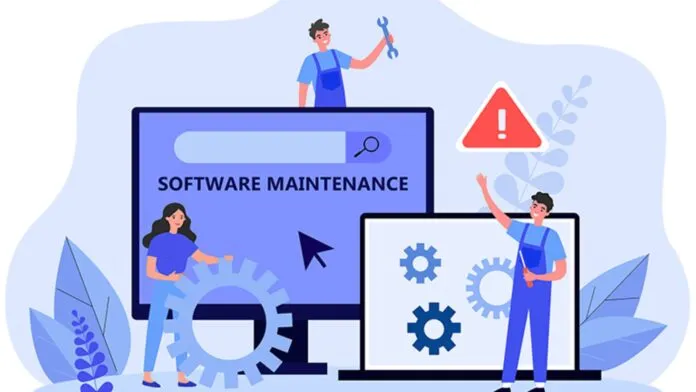 Software-Maintenance-1 A conceptual representation of Object-Oriented Programming (OOP) principles influencing software maintenance and evolution, with interconnected code modules and scalable system components.