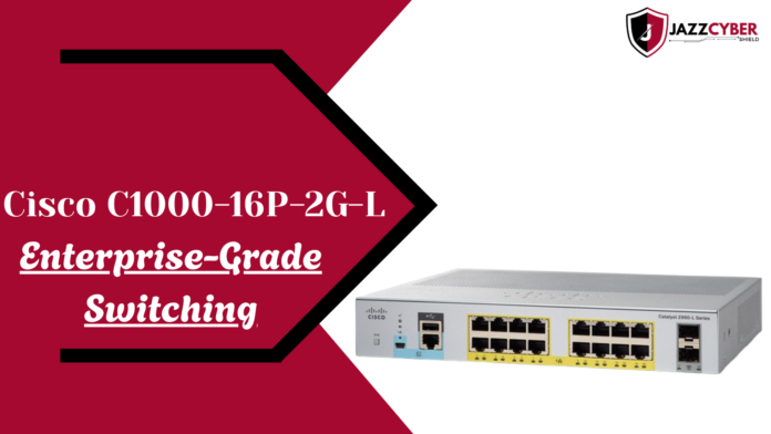 Cisco C1000-16P-2G-L reliable networking switch front panel showing 16 gigabit PoE Plus ports two SFP uplinks and Cisco Catalyst branding in rack mounted small business server room