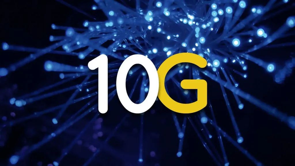 A stylized graphic showing the progression from 4G to 5G to 10G with increasing speed indicators.