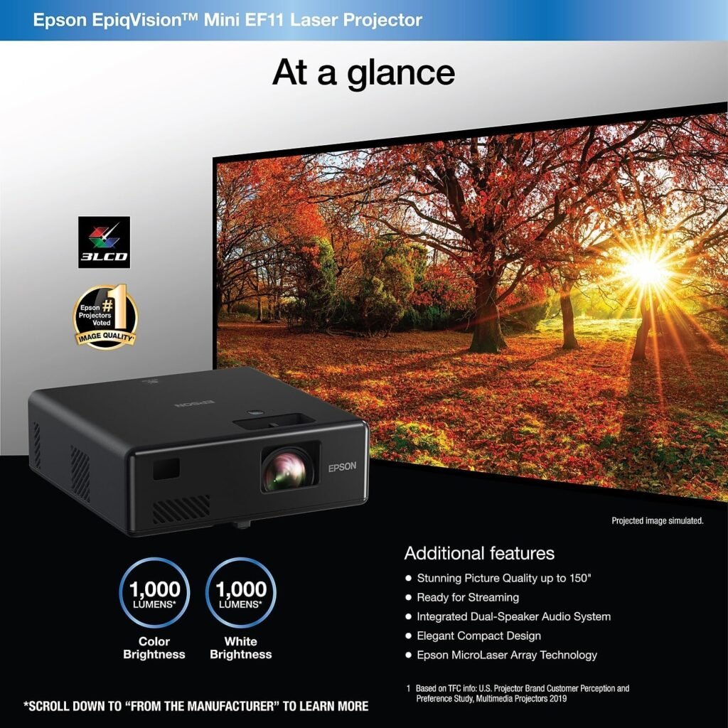 Epson EF11 Mini Projector displaying a presentation in an office