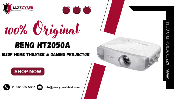 BenQ HT2050A projector displaying a vibrant movie scene on a 100-inch screen in a dark home theater room.