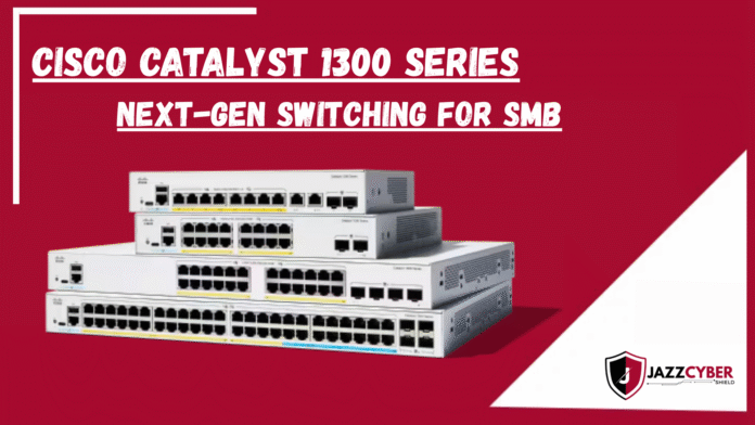Cisco Catalyst 1300 Series switch with PoE+ and 10G uplinks on a white background