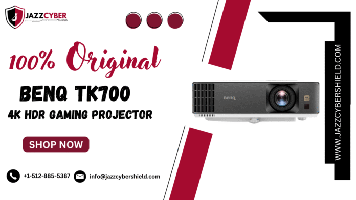 A BenQ TK700 projector displays a vibrant 4K gaming scene from a first-person shooter on a large screen in a dimly lit room, with a gaming console connected via HDMI.