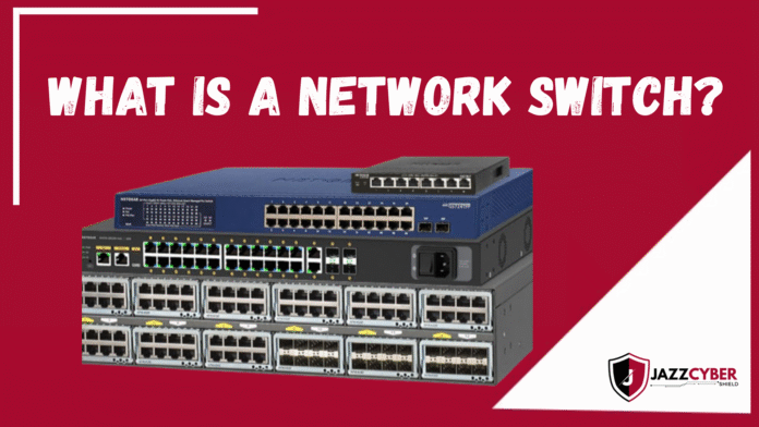 Diagram showing how a network switch connects computers in a LAN using Ethernet cables.