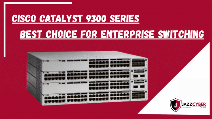 A sleek Cisco Catalyst 9300 switch in a modern data center, showcasing its high-performance enterprise capabilities.